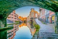 Sunset view of brick buildings alongside a water channel in the central Birmingham, England Royalty Free Stock Photo