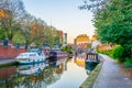 Sunset view of brick buildings alongside a water channel in the central Birmingham, England Royalty Free Stock Photo