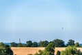 Sunset view British landscape near Northampton with National lift tower and flying baloon Royalty Free Stock Photo