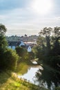 Sunset view British rural landscape scene with river near Northampton