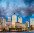 Sunset view of Canary Wharf business district, London Royalty Free Stock Photo