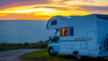 Sunset view of caravan in Dartmoor National Park, a vast moorland in the county of Devon, in southwest England Royalty Free Stock Photo