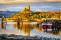 Sunset view of Castle Maol, a ruined castle located near the harbour of the village of Kyleakin, Isle of Skye, Scotland