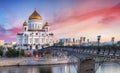 Sunset view of Cathedral of Christ the Savior and Moscow river i