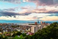 A sunset with a view of central Fukuoka, Japan, with tall modern buildings Royalty Free Stock Photo