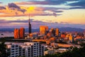 A sunset with a view of central Fukuoka, Japan, with tall modern buildings Royalty Free Stock Photo