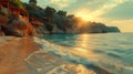 Sunset View of Coastal Cabins on a Rocky Beach