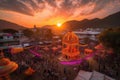 a sunset view of a colorful cultural festival, with the setting sun casting an orange glow