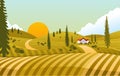 Sunset view in country side with house in the middle of green field vector illustration Royalty Free Stock Photo