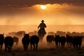 Sunset view of cowboy leading a herd of cattle across a wide-open prairie. Generative AI