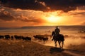 Sunset view of cowboy leading a herd of cattle across a wide-open prairie. Generative AI Royalty Free Stock Photo