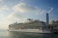 Sunset view of cruise ship docked in Ocean Terminal, Tsim Sha Tsui, Hong Kong Royalty Free Stock Photo