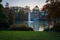 Sunset view of Crystal Palace or Palacio de cristal in Retiro Park in Madrid, Spain. Royalty Free Stock Photo