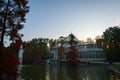 Sunset view of Crystal Palace or Palacio de cristal in Retiro Park in Madrid, Spain. Royalty Free Stock Photo