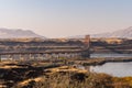 Sunset view of The Dalles bridge over the Columbia River that separates Washington and Oregon states Royalty Free Stock Photo