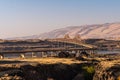 Sunset view of The Dalles bridge over the Columbia River that separates Washington and Oregon states