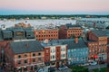 A sunset view of downtown and the harbor in Portland, Maine