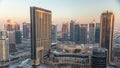 Sunset view of Dubai Marina evening aerial timelapse, UAE. Royalty Free Stock Photo