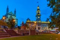 Sunset view of Dunedin town hall and saint paul\'s cathedral in New Zealand Royalty Free Stock Photo