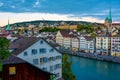 Sunset view of the east bank of the Limmat River, with the Predi Royalty Free Stock Photo