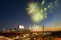 Sunset view of the fireworks over Angel Stadium