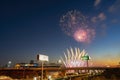 Sunset view of the fireworks over Angel Stadium