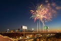 Sunset view of the fireworks over Angel Stadium