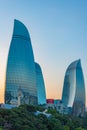 Sunset view of Flame towers in Baku, Azerbaijan