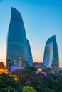 Sunset view of Flame towers in Baku, Azerbaijan