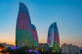 Sunset view of Flame towers in Baku, Azerbaijan