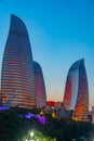 Sunset view of Flame towers in Baku, Azerbaijan