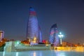 Sunset view of Flame towers in Baku, Azerbaijan