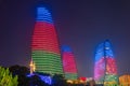 Sunset view of Flame towers in Baku, Azerbaijan