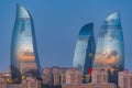 Sunset view of Flame towers in Baku, Azerbaijan