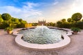 Sunset view of Frederiksbork palace castle with beautiful garden and fountain water at sunset time in Hillerod, near Copenhagen, Royalty Free Stock Photo