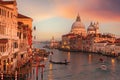 Sunset view of Grand Canal and Basilica Santa Maria della Salute in Venice, Italy Royalty Free Stock Photo