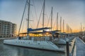 Sunset view in the marine with luxury boats. Royalty Free Stock Photo