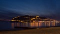 Sunset view of harbor, sea and fortress in Alanya, Turkey. Royalty Free Stock Photo