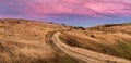 Sunset view of hiking trail through golden hills in Santa Cruz mountains; pink and red colored clouds covering the sky;  San Royalty Free Stock Photo