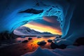 Sunset view from inside a blue ice cave. Ai generative