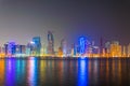 Sunset view of the Khalid lagoon surrounded with skyscraper in the emirate Sharjah, UAE