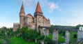 Sunset view of the Korvin castle in Hunedoara, Romania Royalty Free Stock Photo