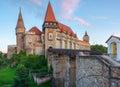 Sunset view of the Korvin castle in Hunedoara, Romania Royalty Free Stock Photo