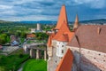 Sunset view of the Korvin castle in Hunedoara, Romania Royalty Free Stock Photo