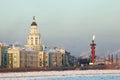 Sunset view of The Kunstkamera building and Rostral column