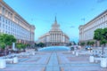 Sunset view of Largo square in Sofia with national assembly building (written in cyrillic on the picture), Bulgaria