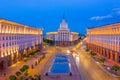 Sunset view of Largo square in Sofia with national assembly building (written in cyrillic on the picture), Bulgaria