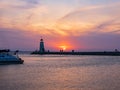 Sunset view of the lighthouse of Lake Hefner