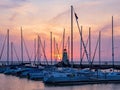 Sunset view of the lighthouse of Lake Hefner