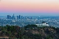 Sunset view of the Los Angeles cityscape with Griffith Observatory Royalty Free Stock Photo